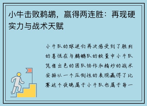 小牛击败鹈鹕，赢得两连胜：再现硬实力与战术天赋